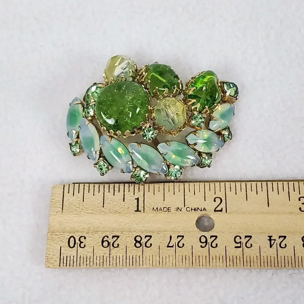 Vintage MCM Green Rhinestone Gold Tone Brooch and Earrings Set